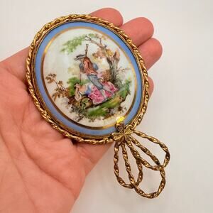 Vtg French Limoges Purse Hand Mirror Transfer Ware Porcelain Romantic Courtship